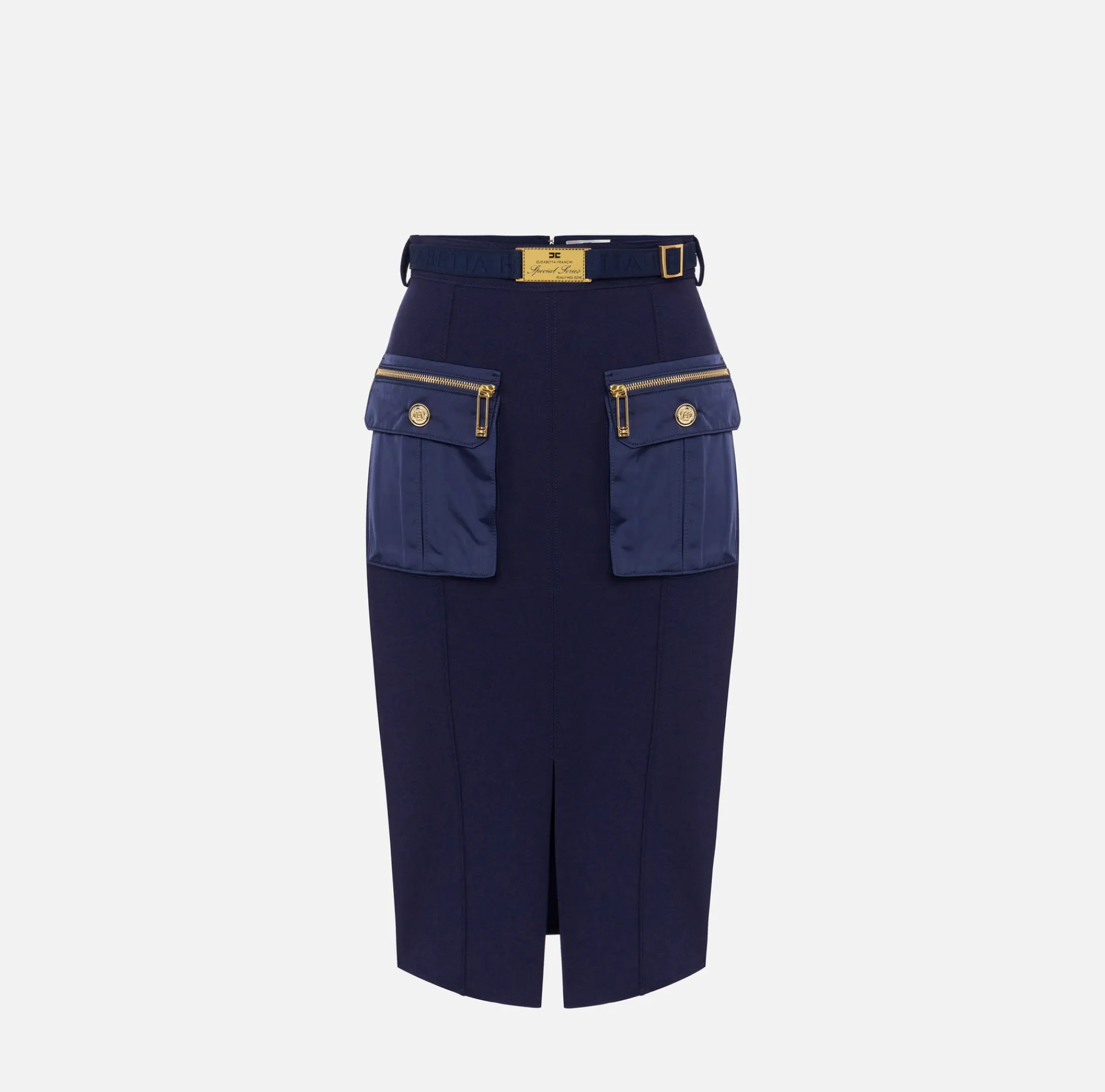 Elisabetta Franchi Tailleur|Skirts|Midi skirt in crêpe fabric with pockets and belt Navy