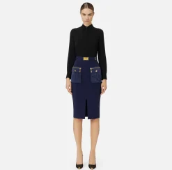 Elisabetta Franchi Tailleur|Skirts|Midi skirt in crêpe fabric with pockets and belt Navy