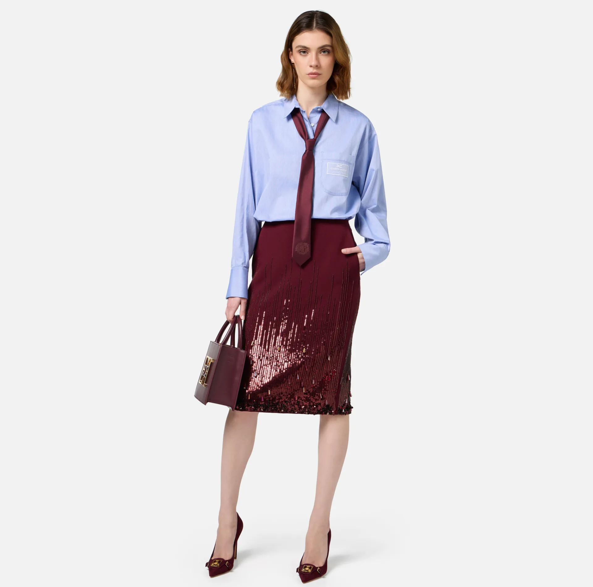 Elisabetta Franchi Skirts|Midi skirt in crêpe fabric embroidered with sequins RougeNoir