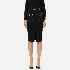 Elisabetta Franchi Tailleur|Skirts|Midi skirt in crêpe fabric with pockets and belt Black