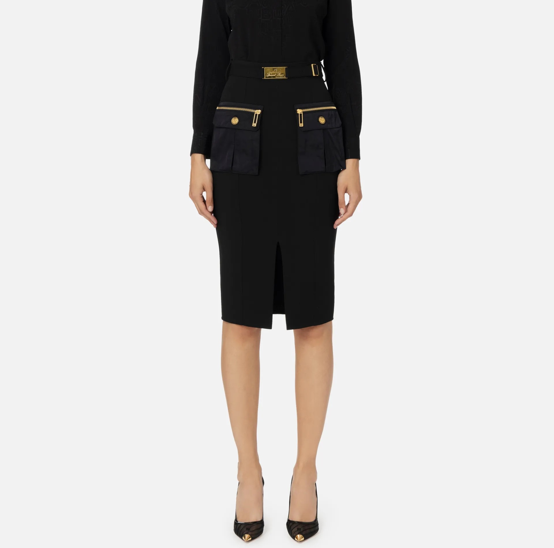 Elisabetta Franchi Tailleur|Skirts|Midi skirt in crêpe fabric with pockets and belt Black