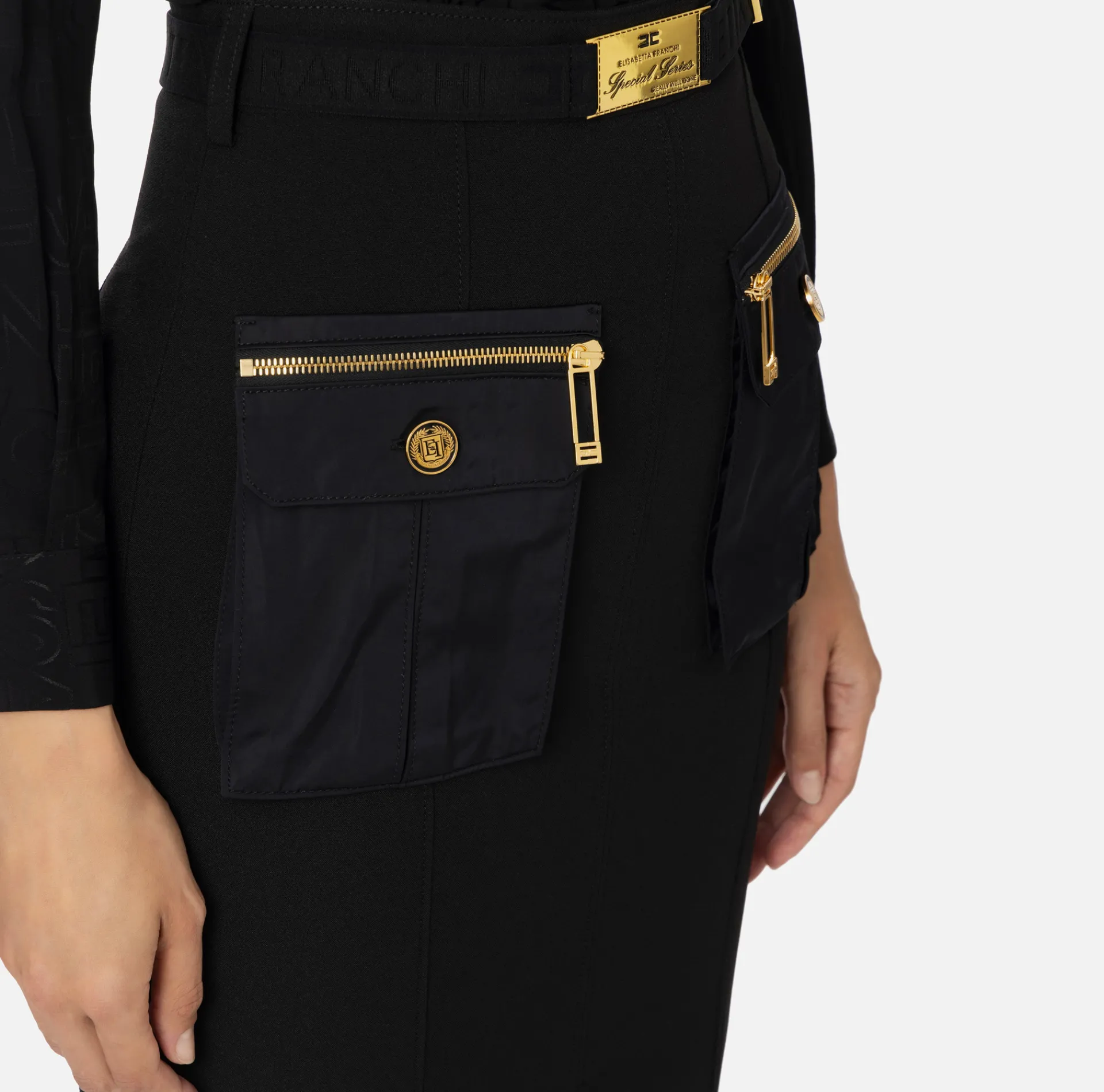 Elisabetta Franchi Tailleur|Skirts|Midi skirt in crêpe fabric with pockets and belt Black
