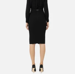 Elisabetta Franchi Tailleur|Skirts|Midi skirt in crêpe fabric with pockets and belt Black