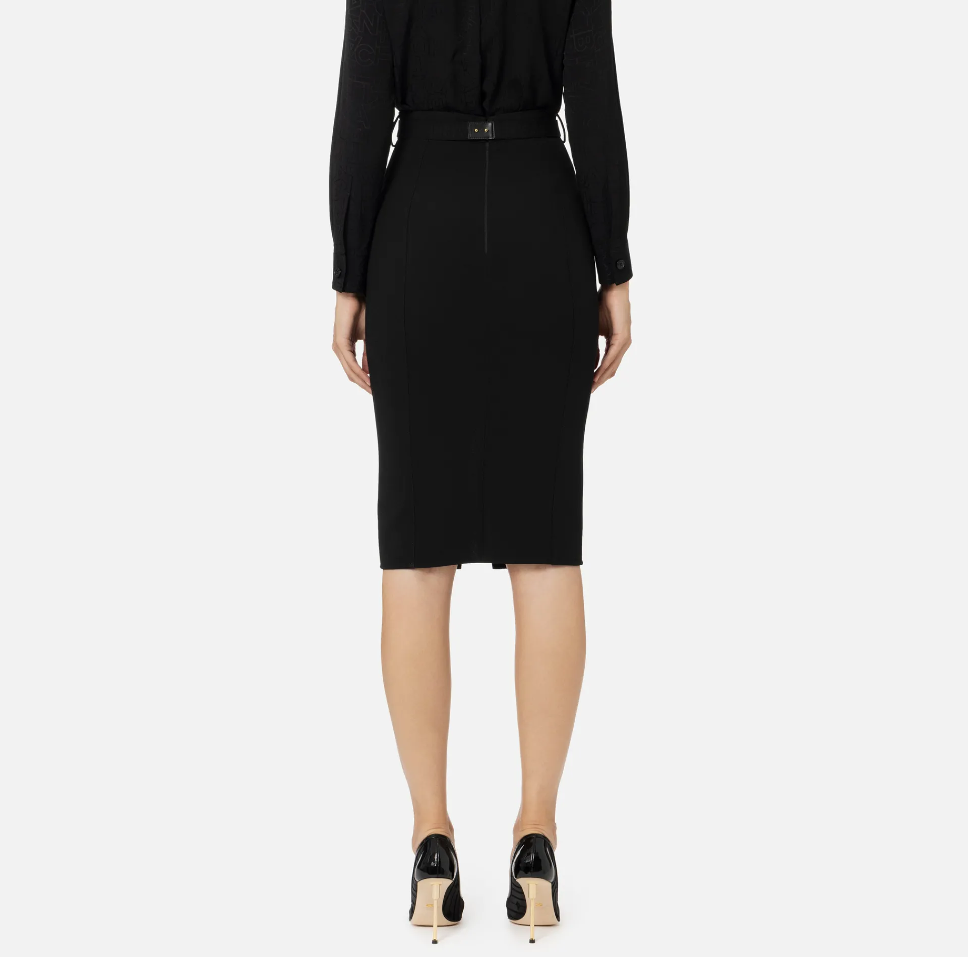 Elisabetta Franchi Tailleur|Skirts|Midi skirt in crêpe fabric with pockets and belt Black