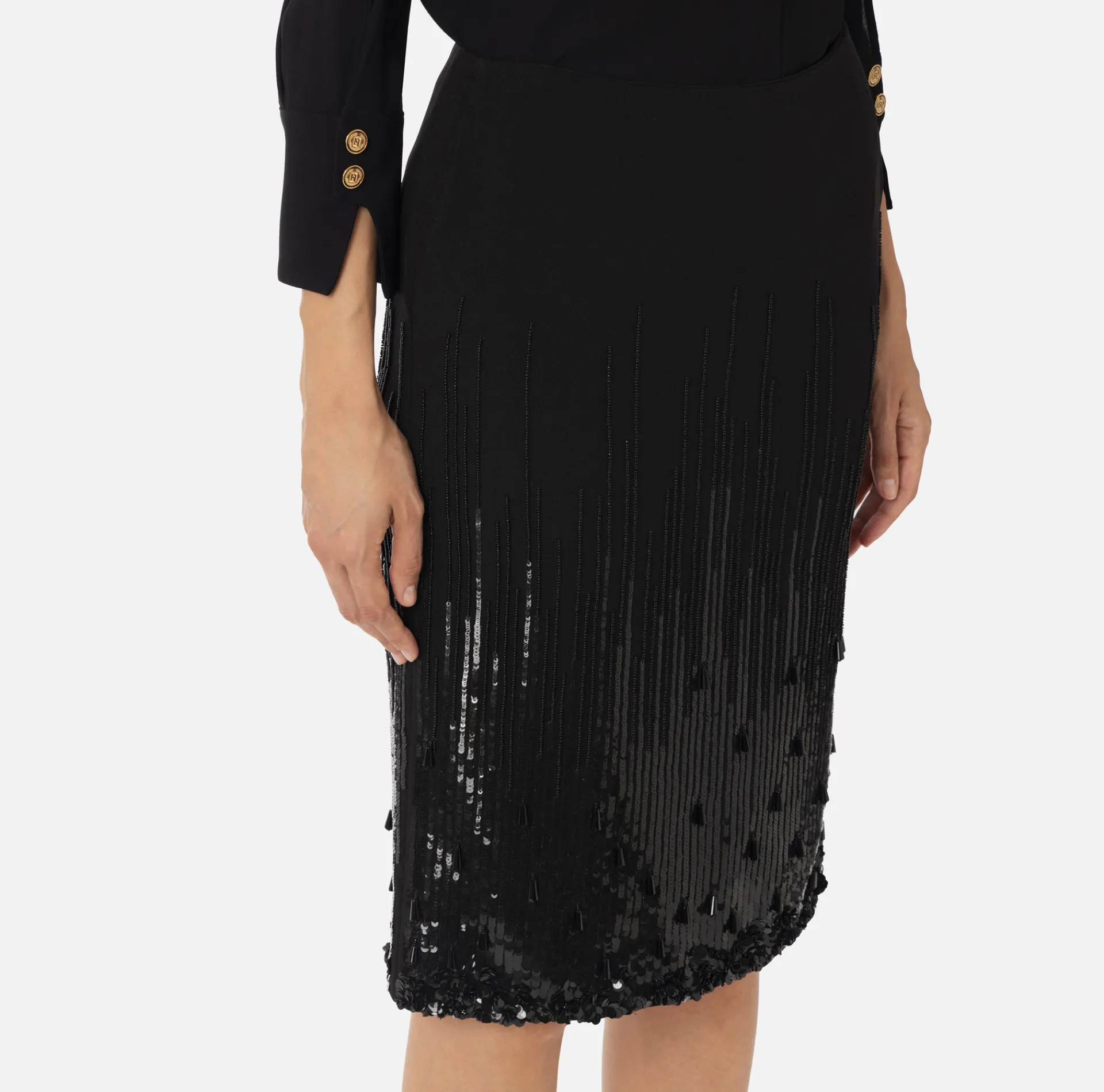 Elisabetta Franchi Skirts|Midi skirt in crêpe fabric embroidered with sequins Black