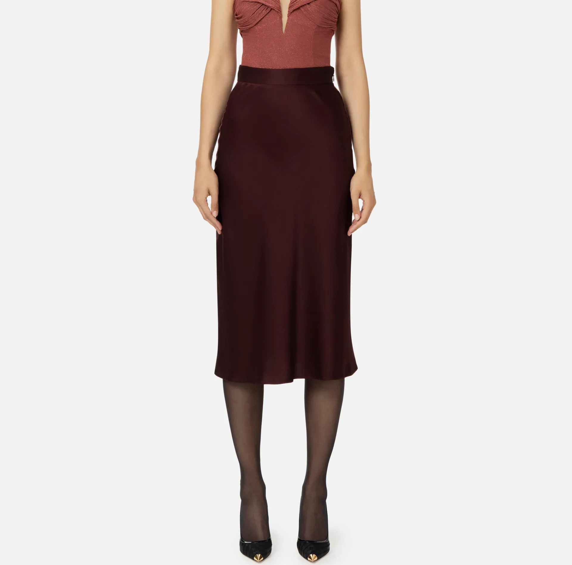 Elisabetta Franchi Skirts|Midi skirt in enver satin fabric with satin bands RougeNoir