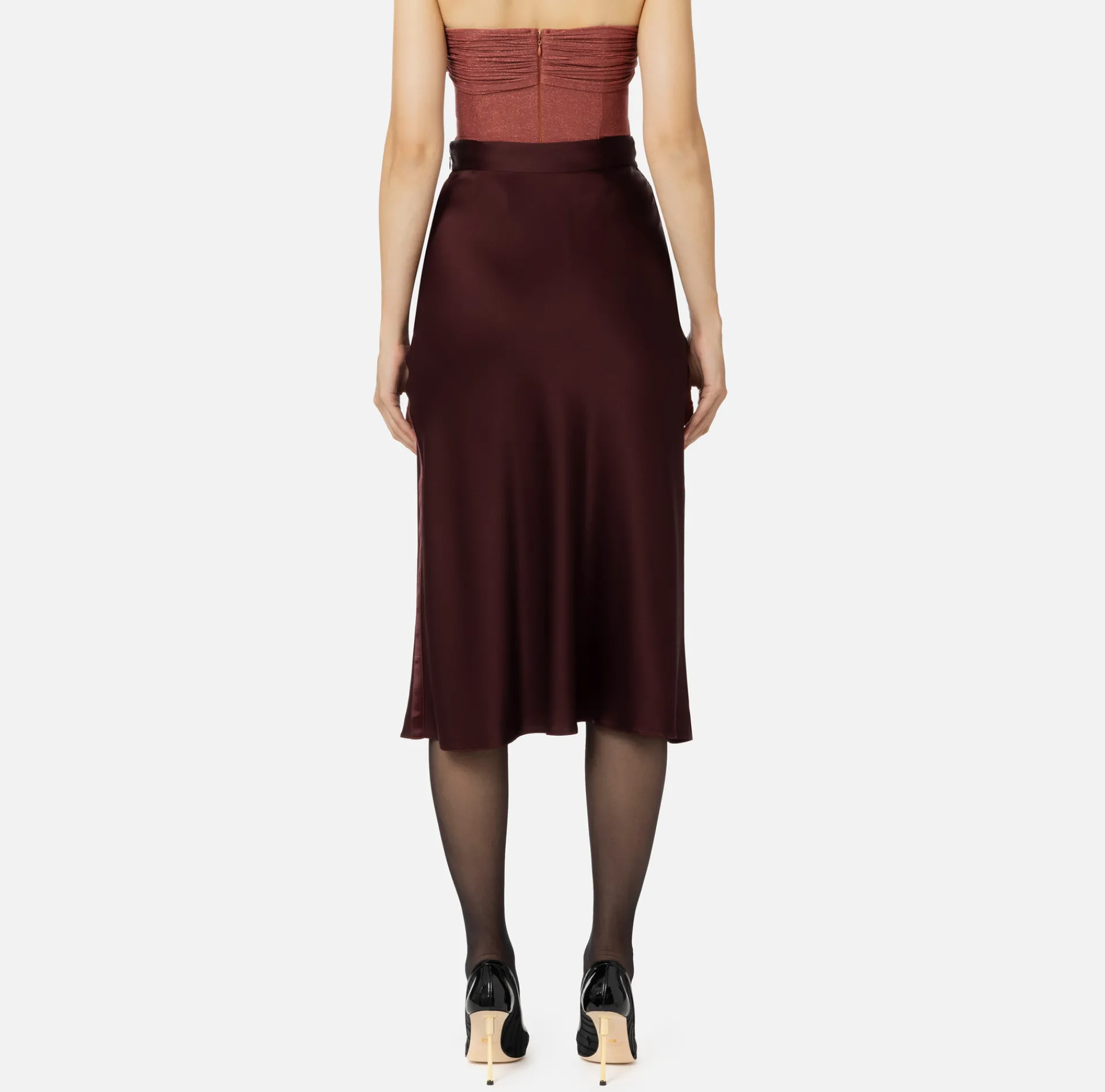 Elisabetta Franchi Skirts|Midi skirt in enver satin fabric with satin bands RougeNoir