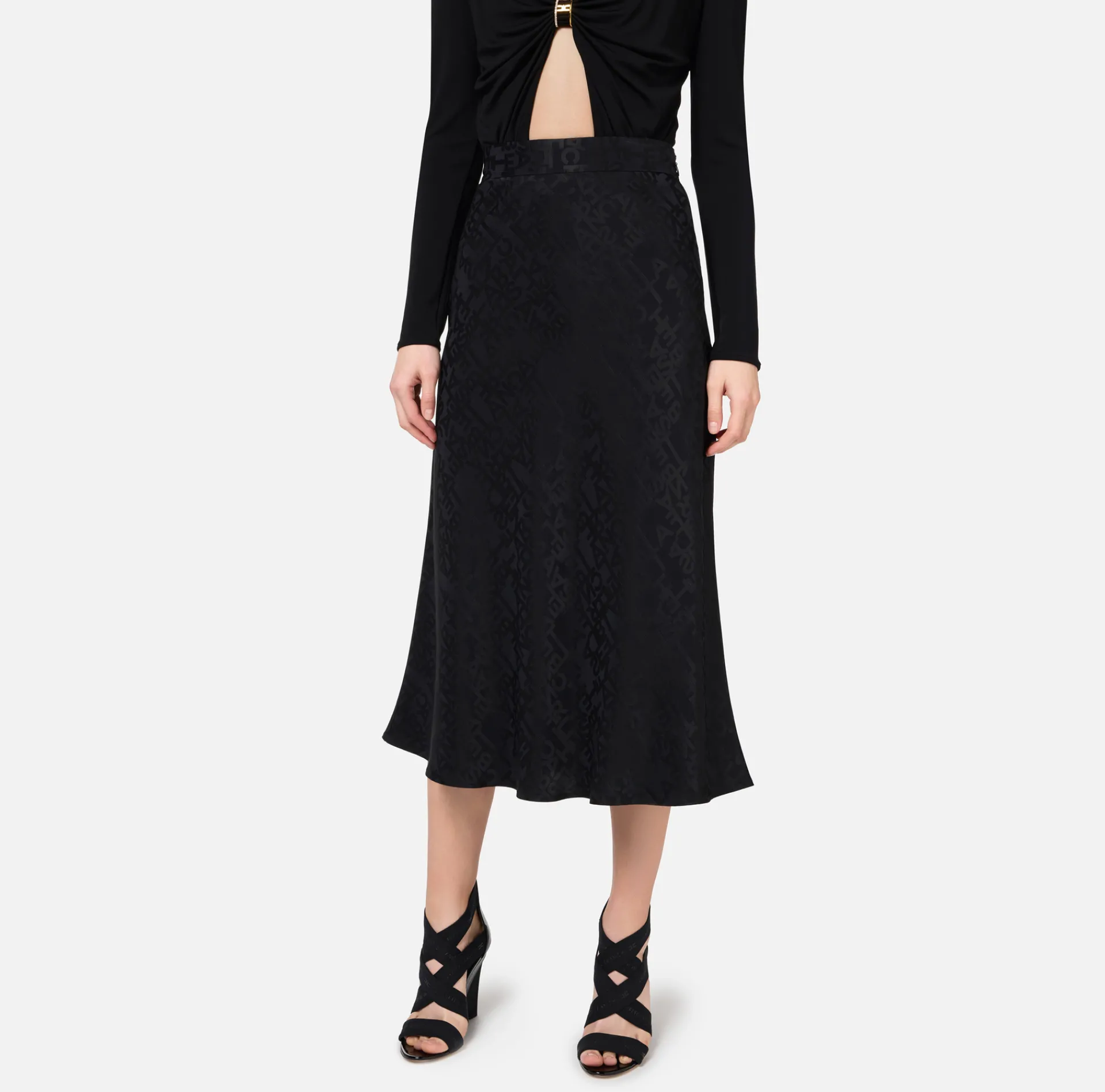 Elisabetta Franchi Skirts|Midi skirt in jacquard crêpe fabric with lettering Black