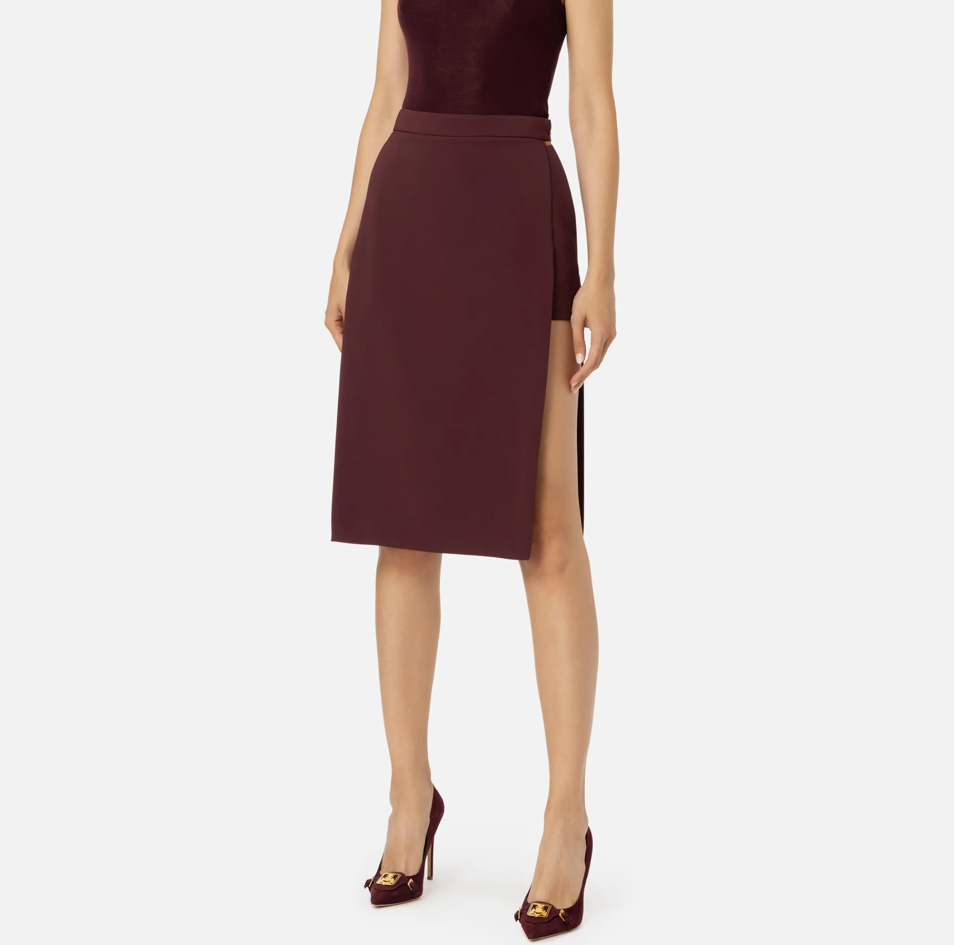Elisabetta Franchi Skirts|Midi skirt in stretch crêpe fabric with shorts RougeNoir