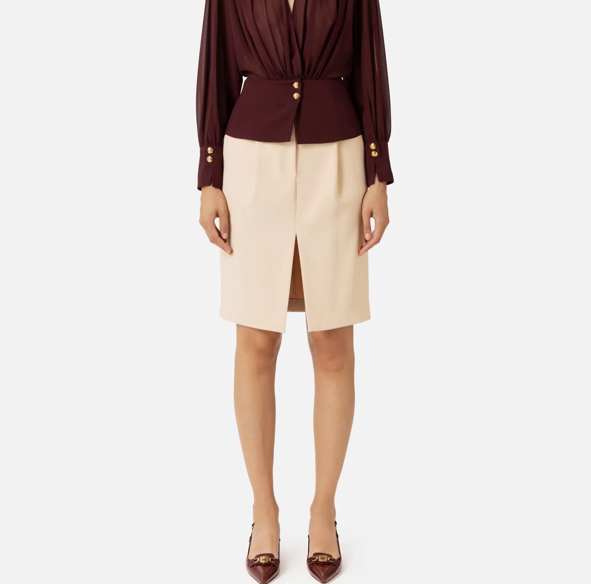 Elisabetta Franchi Skirts|Midi skirt in stretch crêpe fabric with darts Cream
