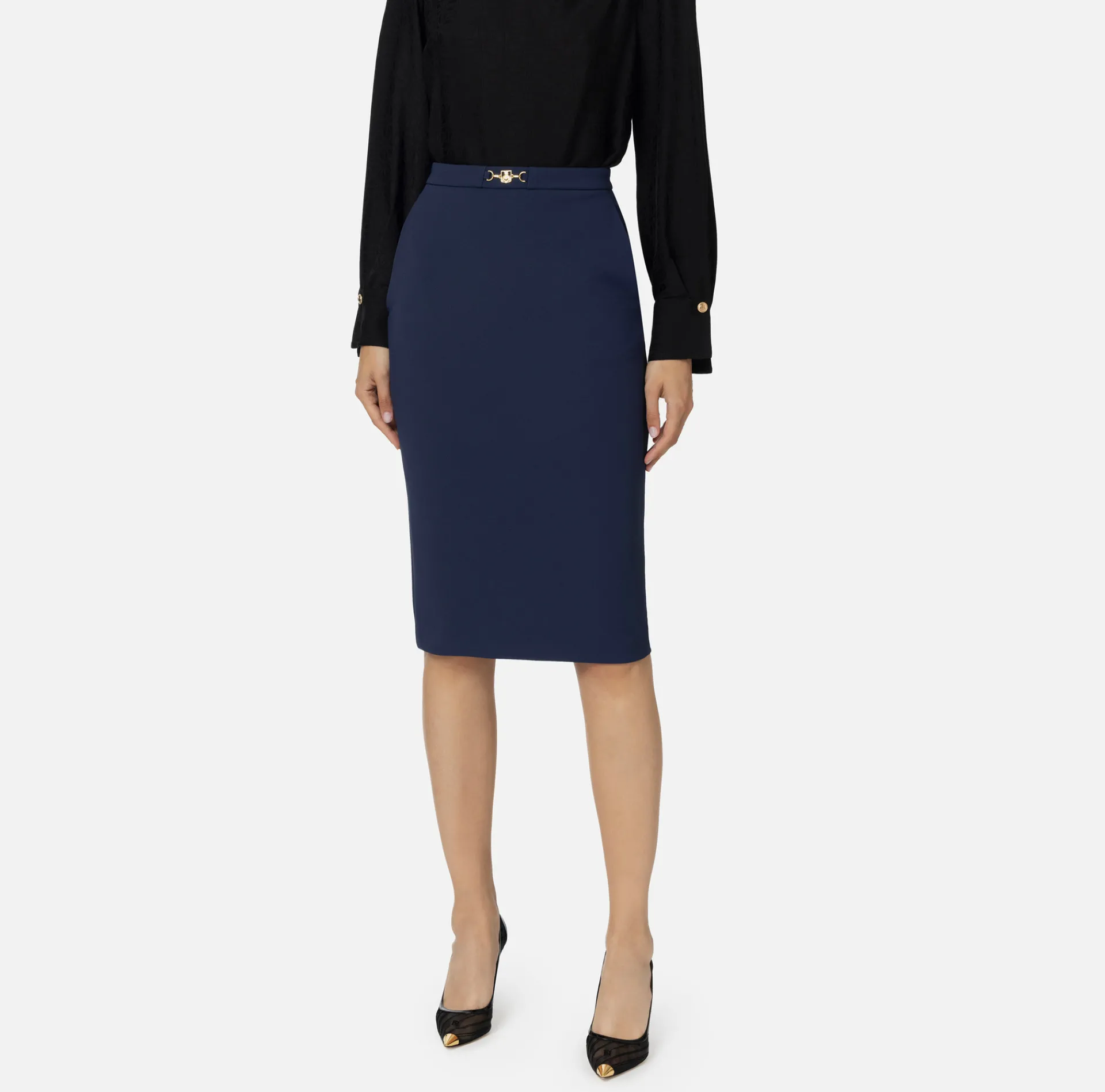 Elisabetta Franchi Tailleur|Skirts|Midi skirt in stretch crêpe fabric with horsebit Navy