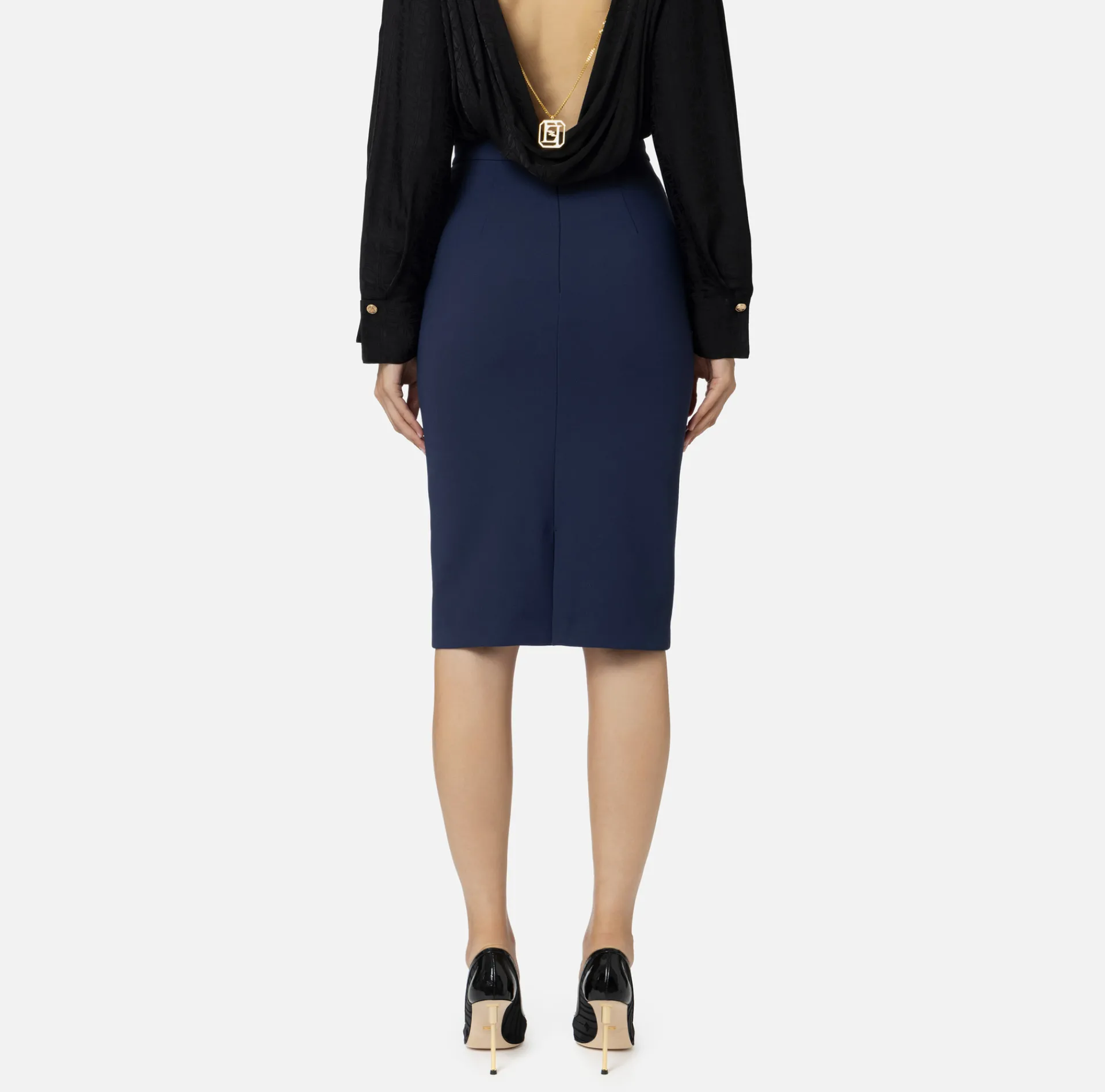 Elisabetta Franchi Tailleur|Skirts|Midi skirt in stretch crêpe fabric with horsebit Navy