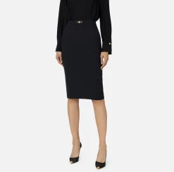 Elisabetta Franchi Tailleur|Skirts|Midi skirt in stretch crêpe fabric with horsebit Black