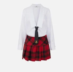 Elisabetta Franchi Mini Dresses|Dresses|Mini poplin shirt-dress with tartan skirt White/RedPassion-Black