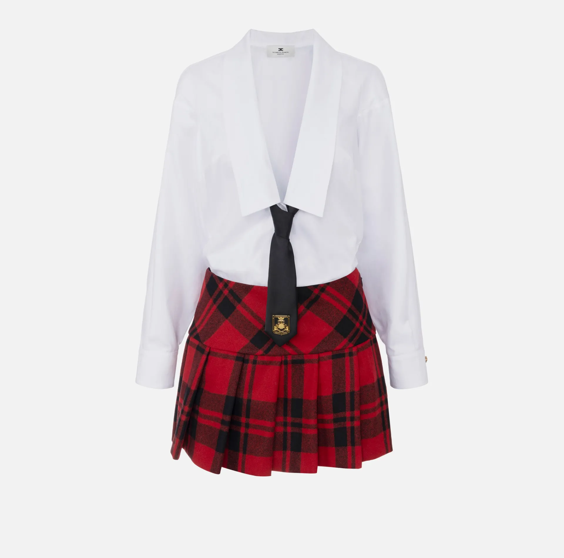 Elisabetta Franchi Mini Dresses|Dresses|Mini poplin shirt-dress with tartan skirt White/RedPassion-Black