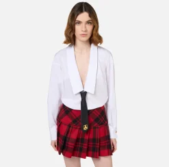 Elisabetta Franchi Mini Dresses|Dresses|Mini poplin shirt-dress with tartan skirt White/RedPassion-Black