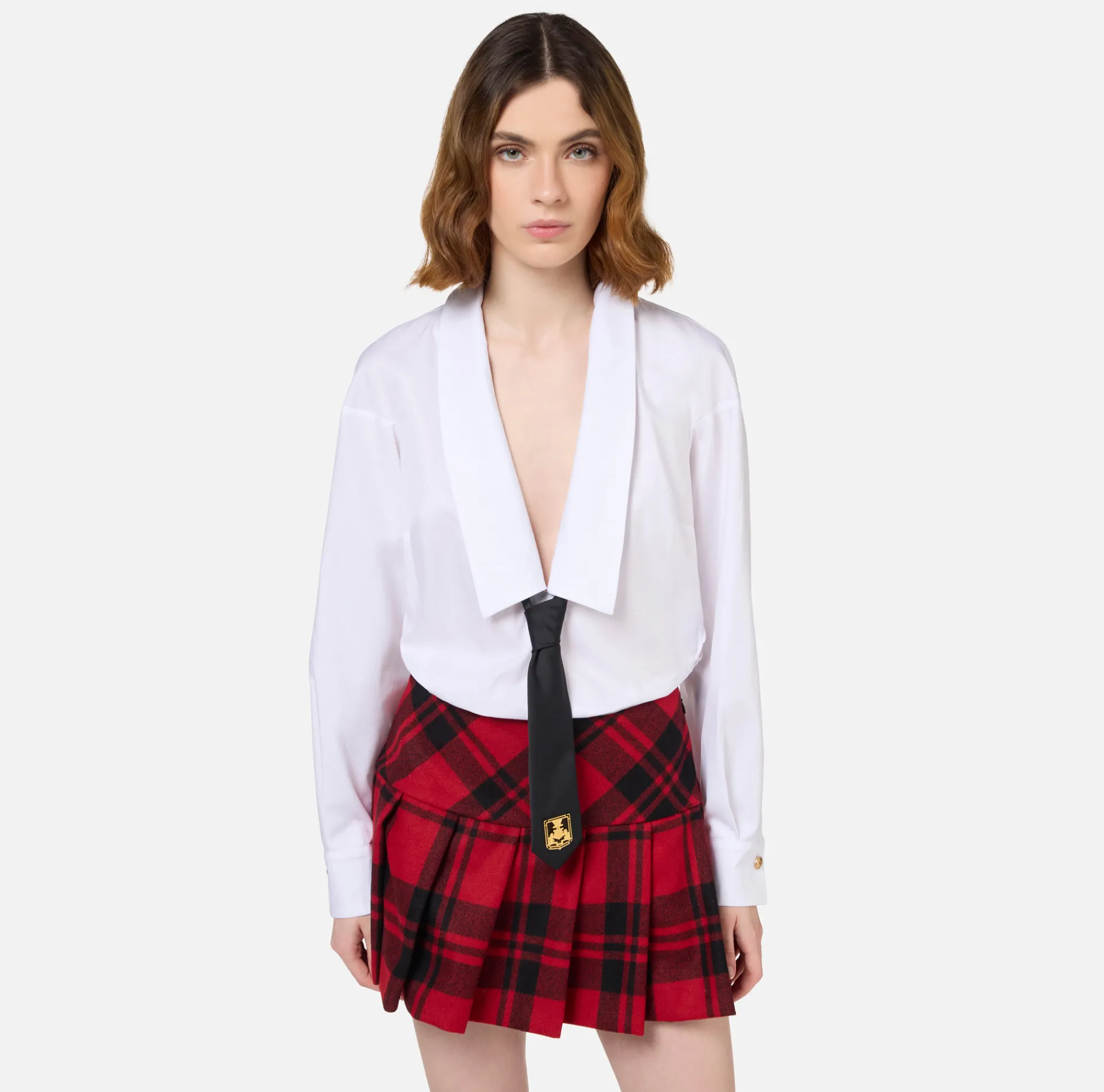 Elisabetta Franchi Mini Dresses|Dresses|Mini poplin shirt-dress with tartan skirt White/RedPassion-Black