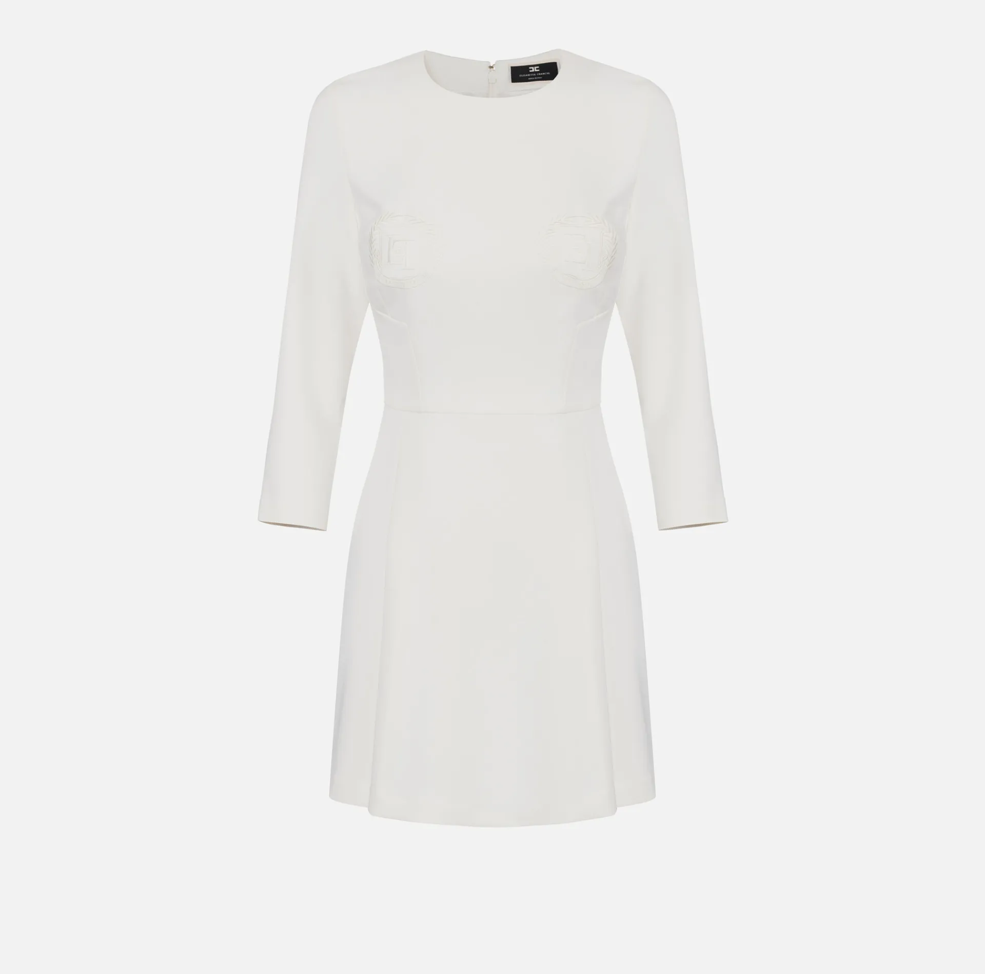 Elisabetta Franchi Mini Dresses|Dresses|Mini-dress in crêpe fabric with embroidered emblem Ivory