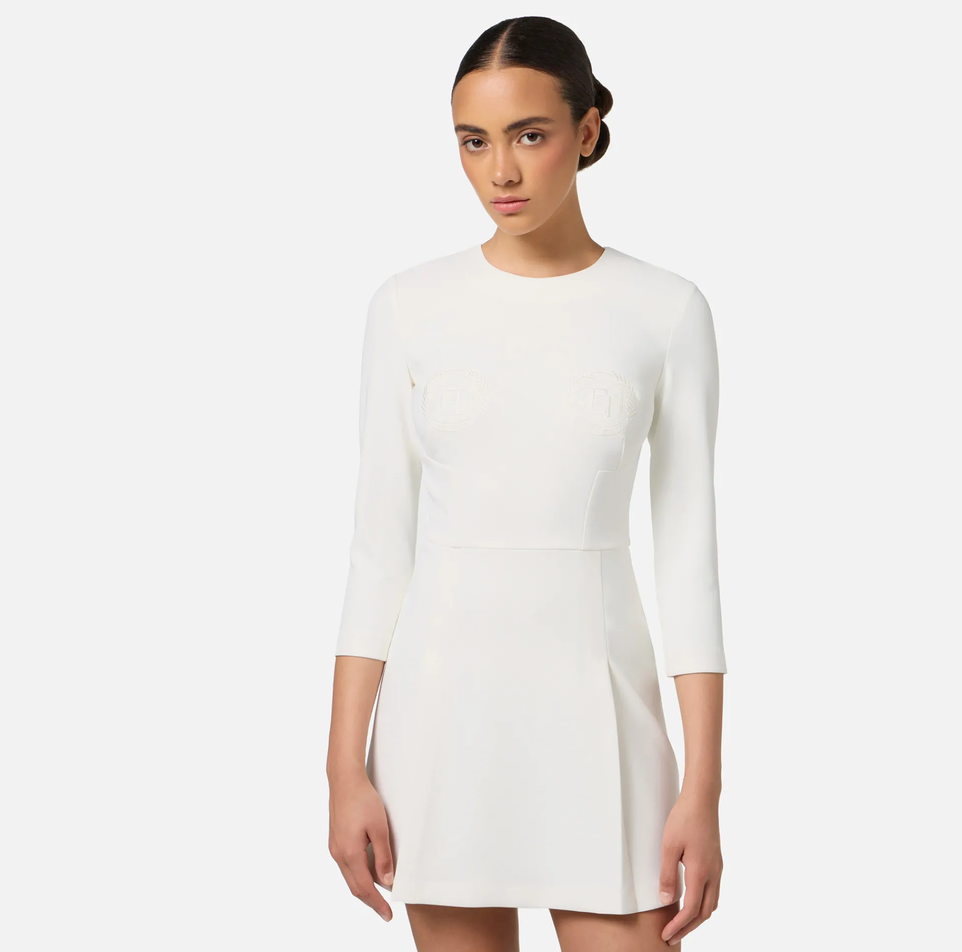 Elisabetta Franchi Mini Dresses|Dresses|Mini-dress in crêpe fabric with embroidered emblem Ivory