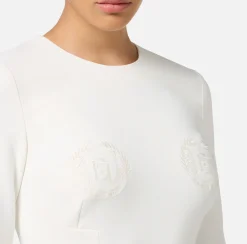 Elisabetta Franchi Mini Dresses|Dresses|Mini-dress in crêpe fabric with embroidered emblem Ivory