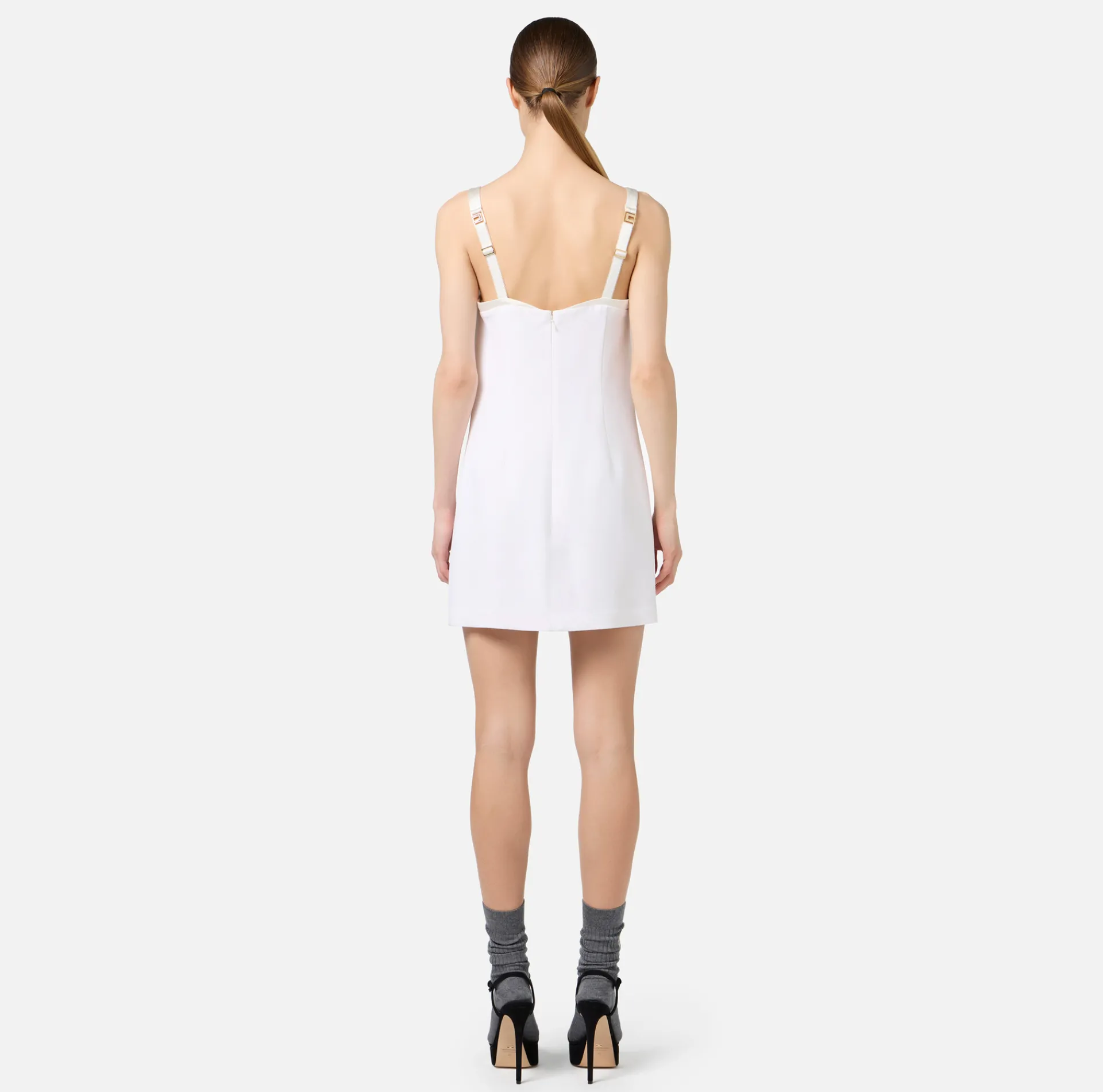 Elisabetta Franchi Mini Dresses|Dresses|Mini-dress in crêpe fabric with satin sweetheart neckline Ivory
