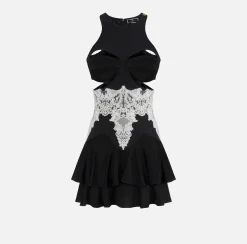 Elisabetta Franchi Mini Dresses|Dresses|Mini-dress in double layer crêpe fabric with cups and lace Black