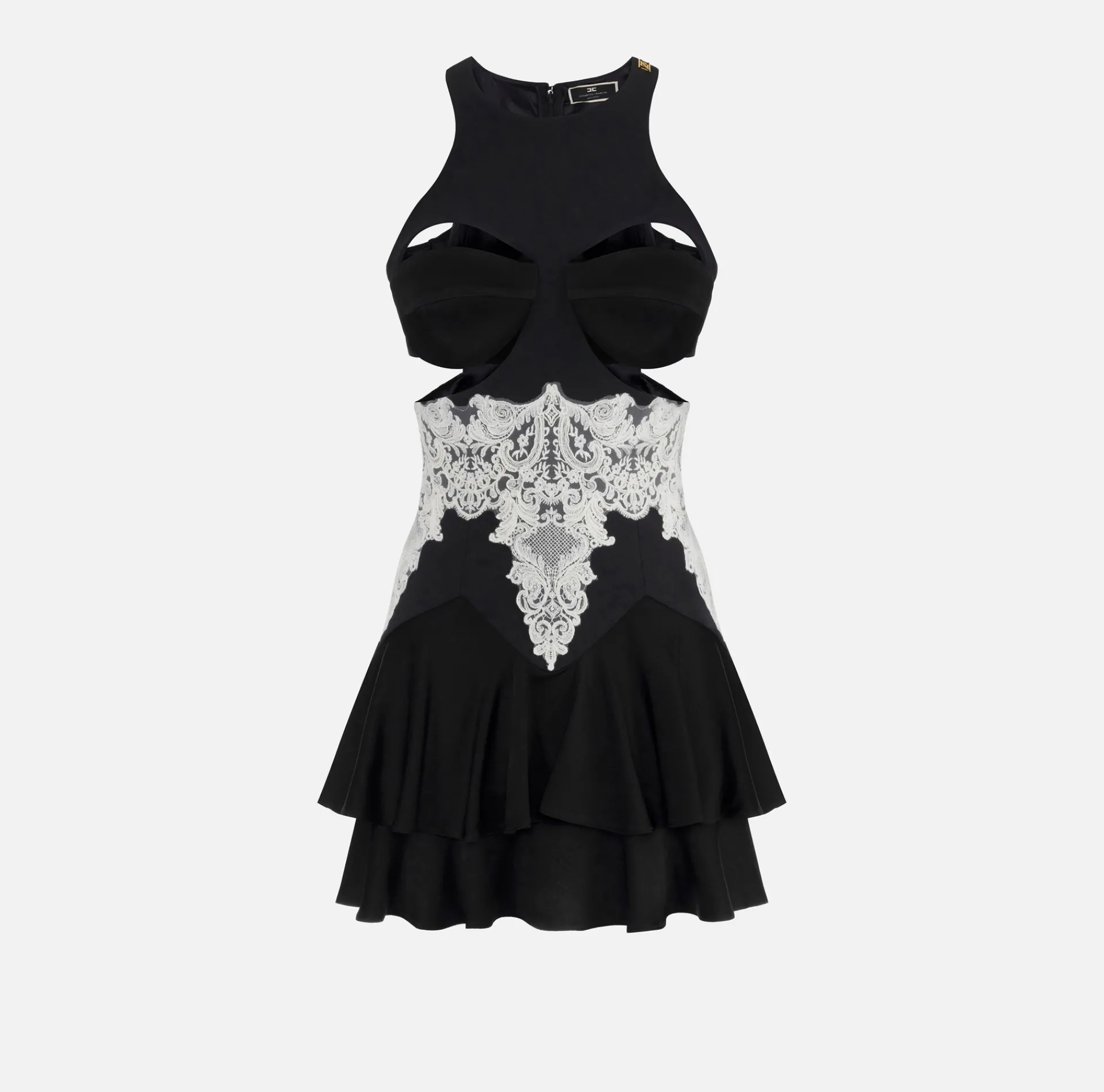 Elisabetta Franchi Mini Dresses|Dresses|Mini-dress in double layer crêpe fabric with cups and lace Black
