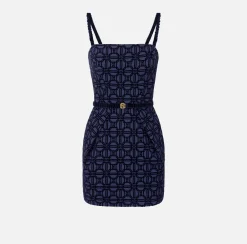 Elisabetta Franchi Mini Dresses|Dresses|Mini-dress in flock crêpe fabric with belt Navy