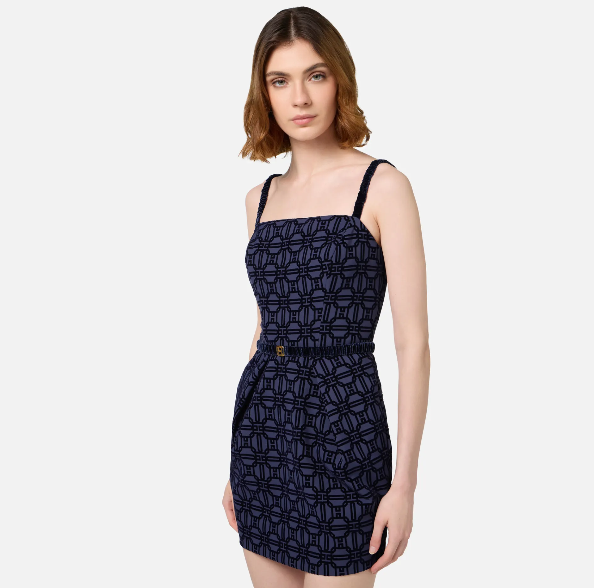Elisabetta Franchi Mini Dresses|Dresses|Mini-dress in flock crêpe fabric with belt Navy