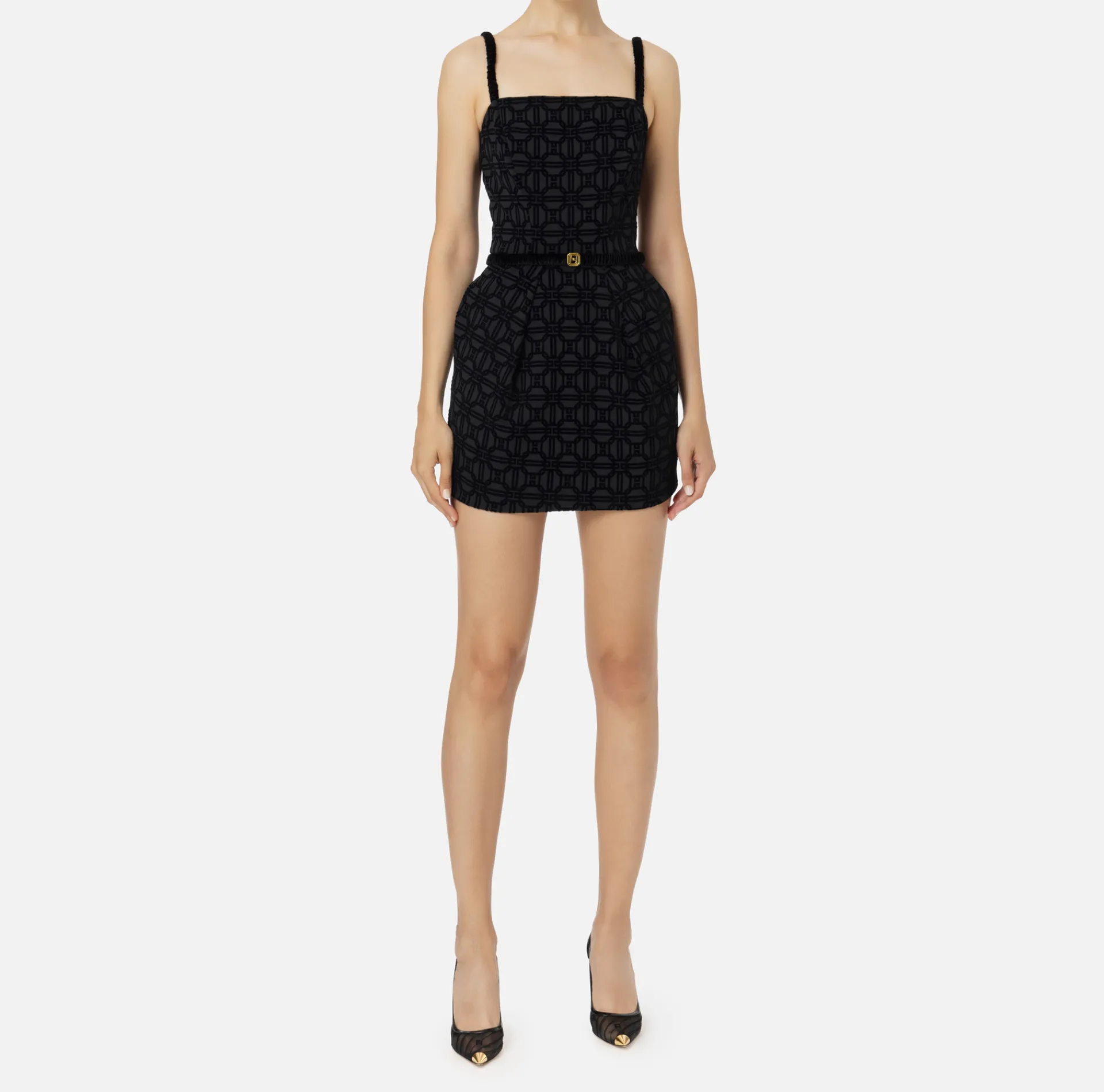 Elisabetta Franchi Mini Dresses|Dresses|Mini-dress in flock crêpe fabric with belt Black