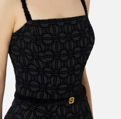 Elisabetta Franchi Mini Dresses|Dresses|Mini-dress in flock crêpe fabric with belt Black