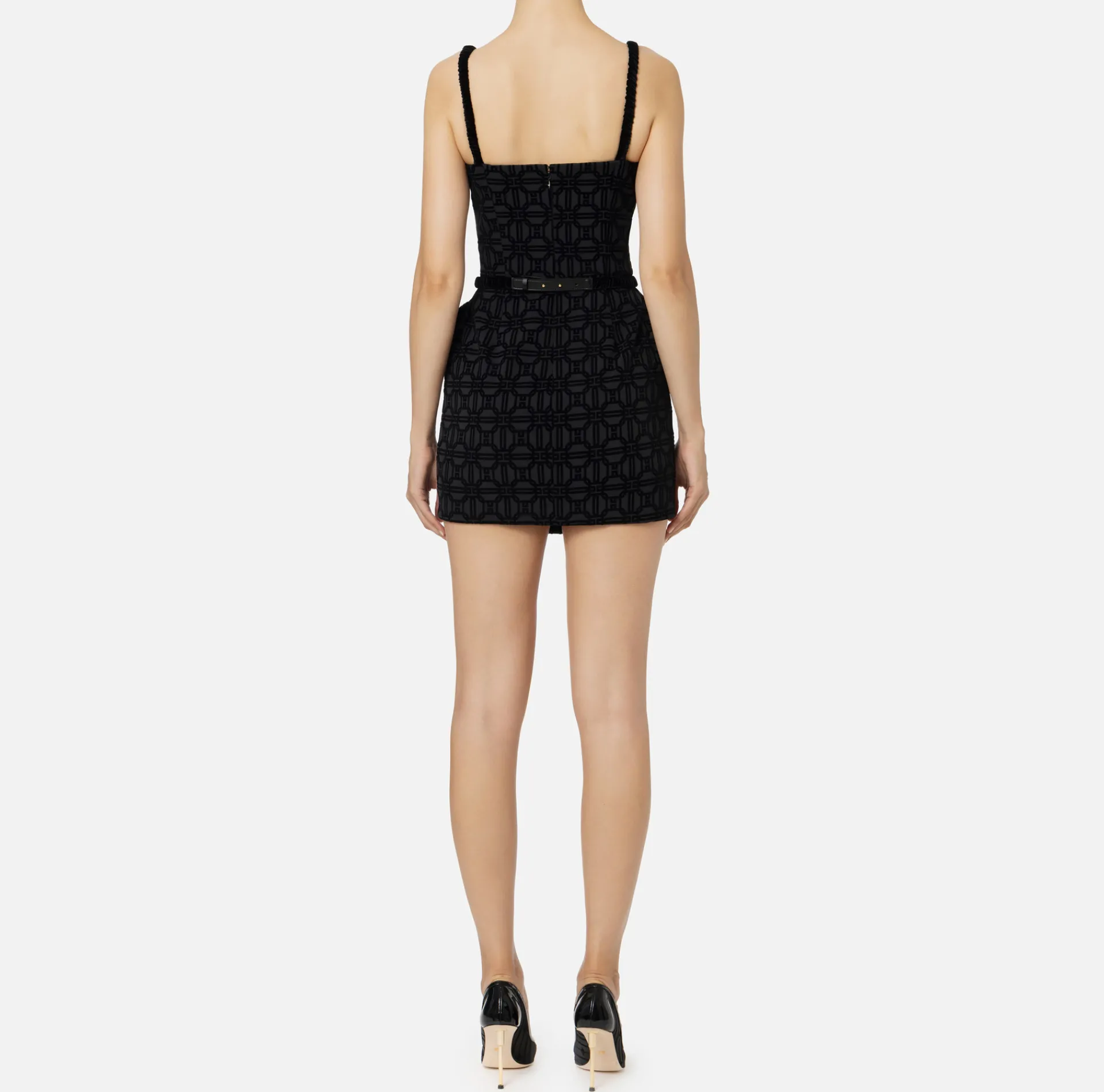 Elisabetta Franchi Mini Dresses|Dresses|Mini-dress in flock crêpe fabric with belt Black