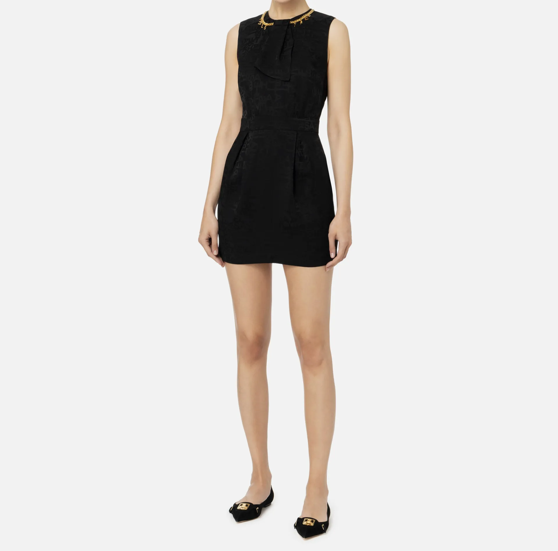 Elisabetta Franchi Mini Dresses|Dresses|Mini-dress in jacquard crêpe fabric with lettering Black