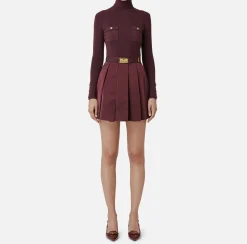Elisabetta Franchi Mini Dresses|Knitted Dresses|Mini-dress in narrow-ribbed viscose and silk fabric with logo embroidery RougeNoir