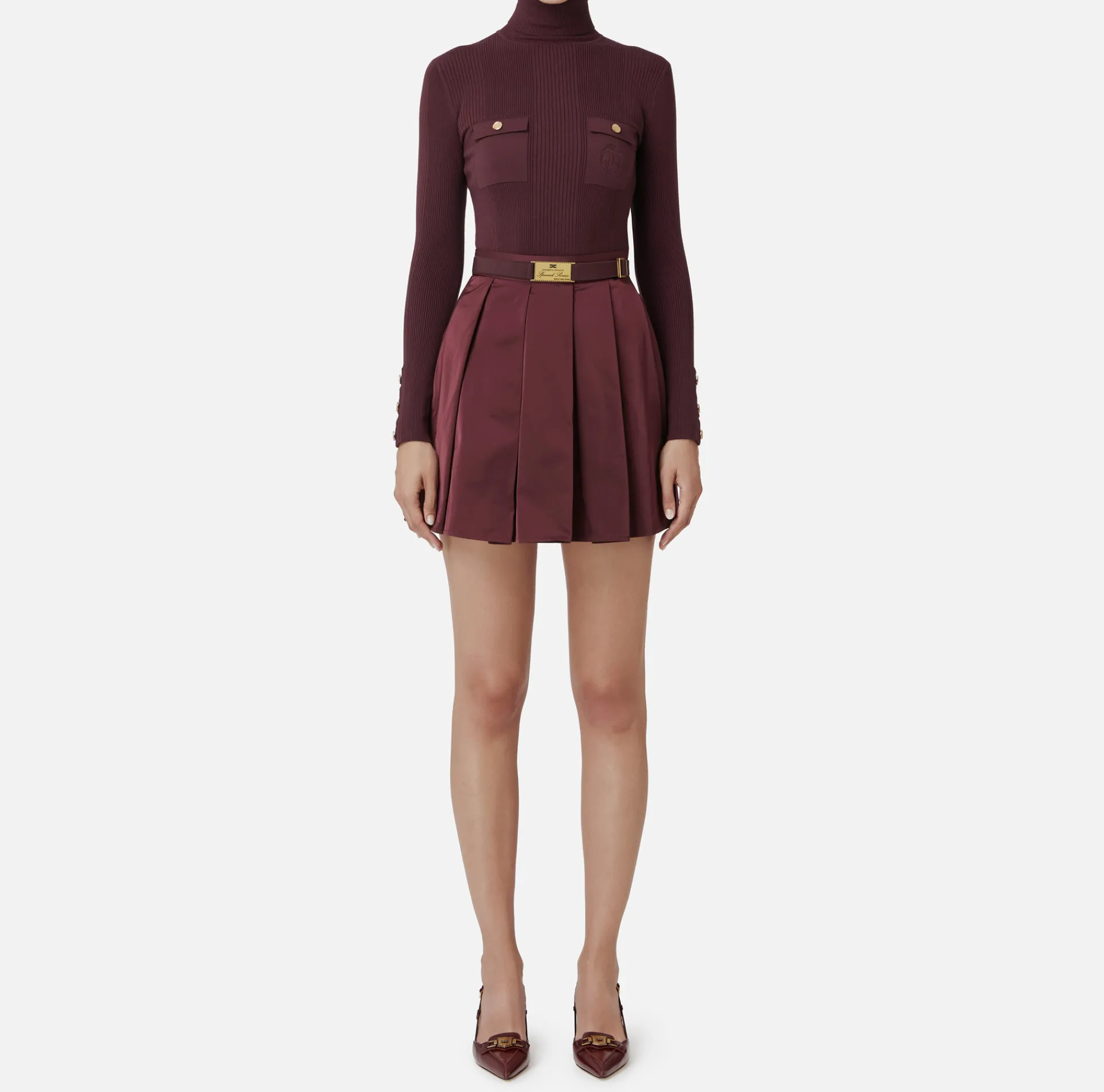 Elisabetta Franchi Mini Dresses|Knitted Dresses|Mini-dress in narrow-ribbed viscose and silk fabric with logo embroidery RougeNoir
