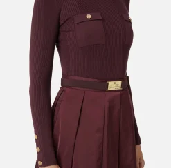 Elisabetta Franchi Mini Dresses|Knitted Dresses|Mini-dress in narrow-ribbed viscose and silk fabric with logo embroidery RougeNoir