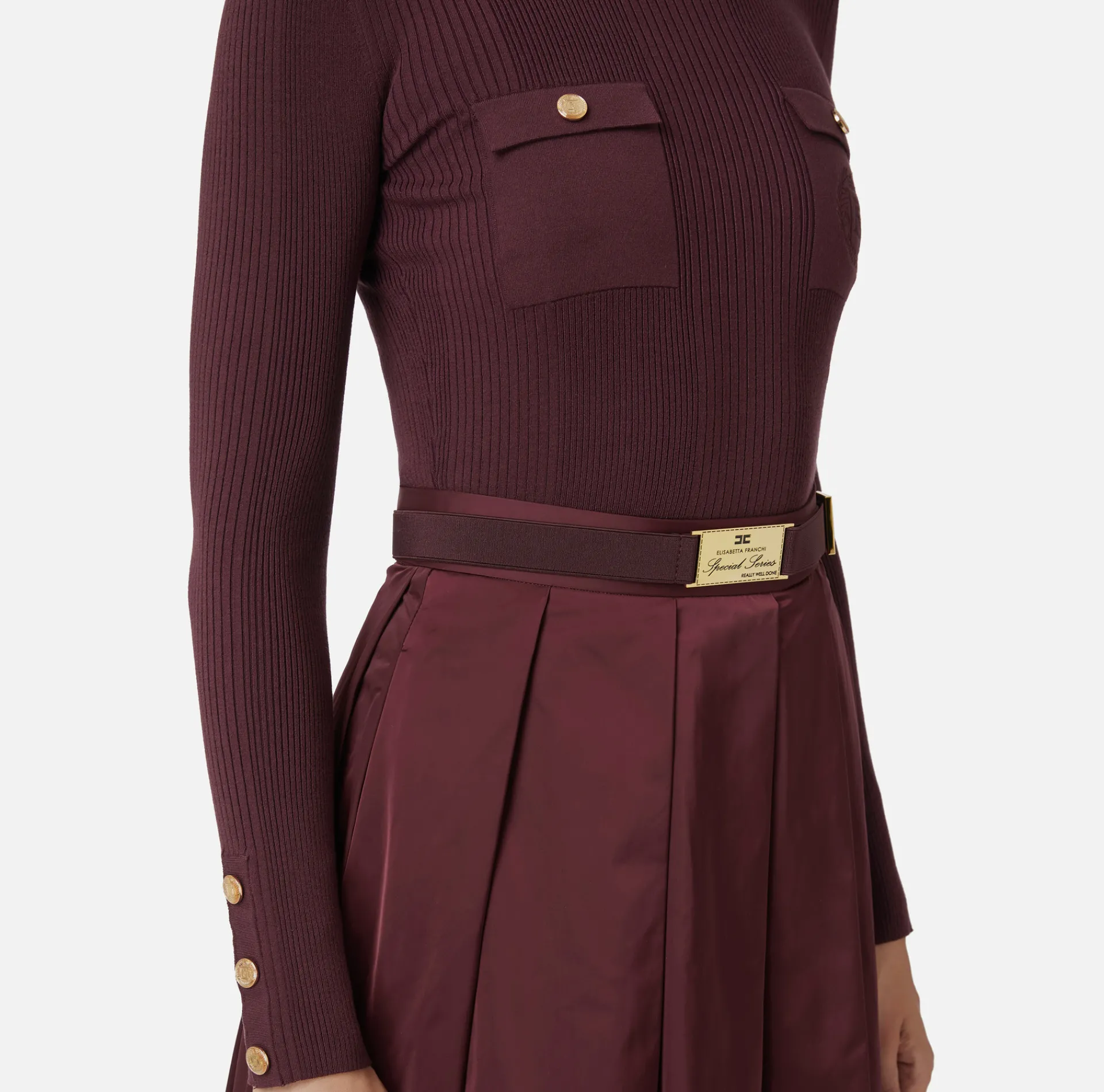 Elisabetta Franchi Mini Dresses|Knitted Dresses|Mini-dress in narrow-ribbed viscose and silk fabric with logo embroidery RougeNoir