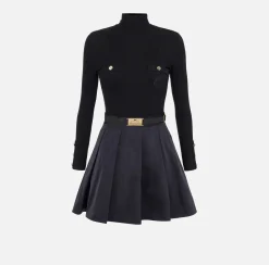 Elisabetta Franchi Mini Dresses|Knitted Dresses|Mini-dress in narrow-ribbed viscose and silk fabric with logo embroidery Black