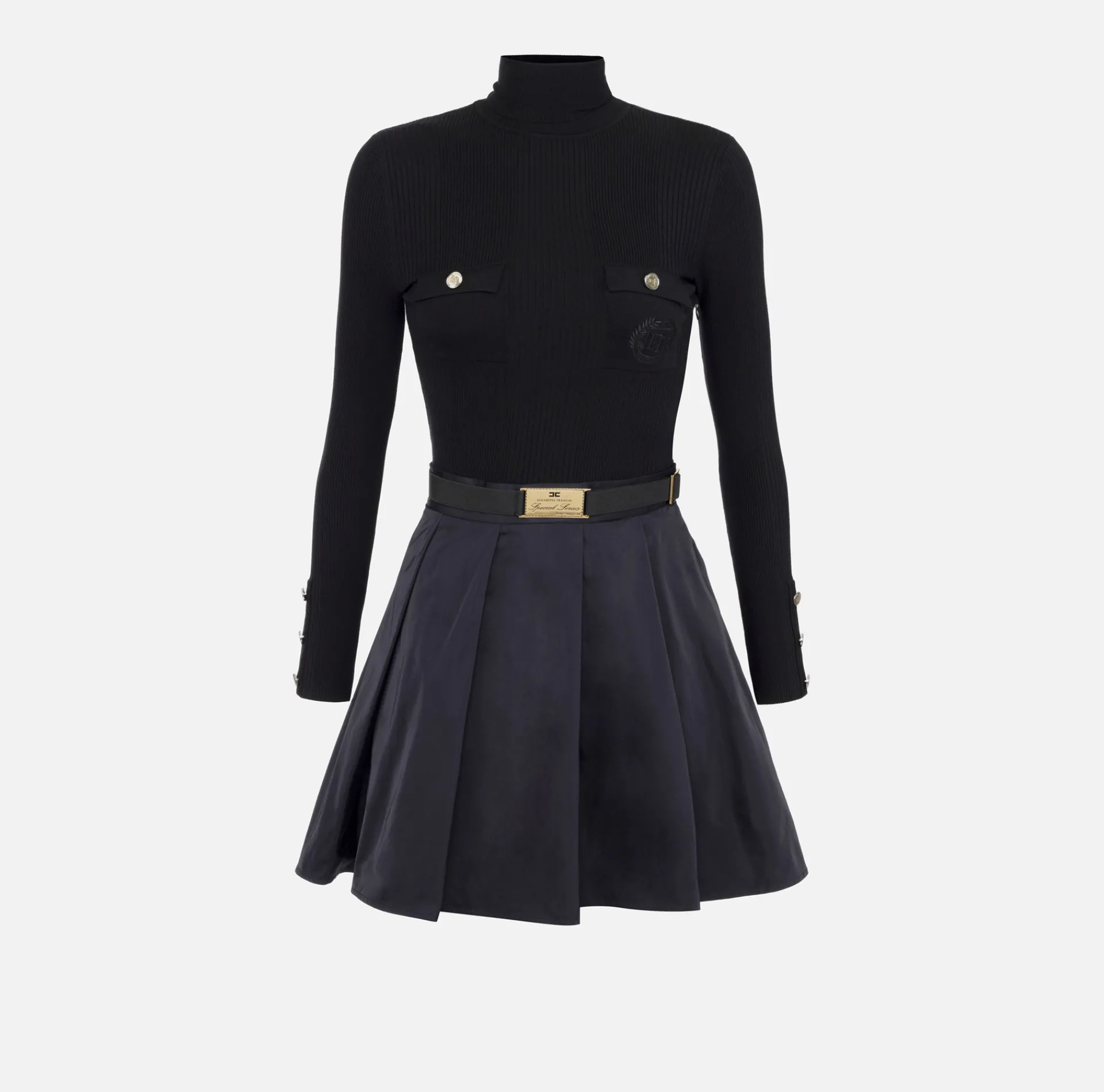 Elisabetta Franchi Mini Dresses|Knitted Dresses|Mini-dress in narrow-ribbed viscose and silk fabric with logo embroidery Black