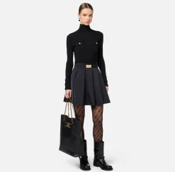 Elisabetta Franchi Mini Dresses|Knitted Dresses|Mini-dress in narrow-ribbed viscose and silk fabric with logo embroidery Black