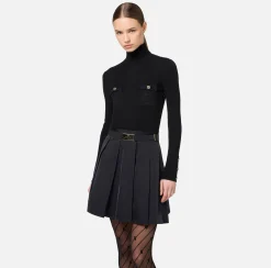 Elisabetta Franchi Mini Dresses|Knitted Dresses|Mini-dress in narrow-ribbed viscose and silk fabric with logo embroidery Black