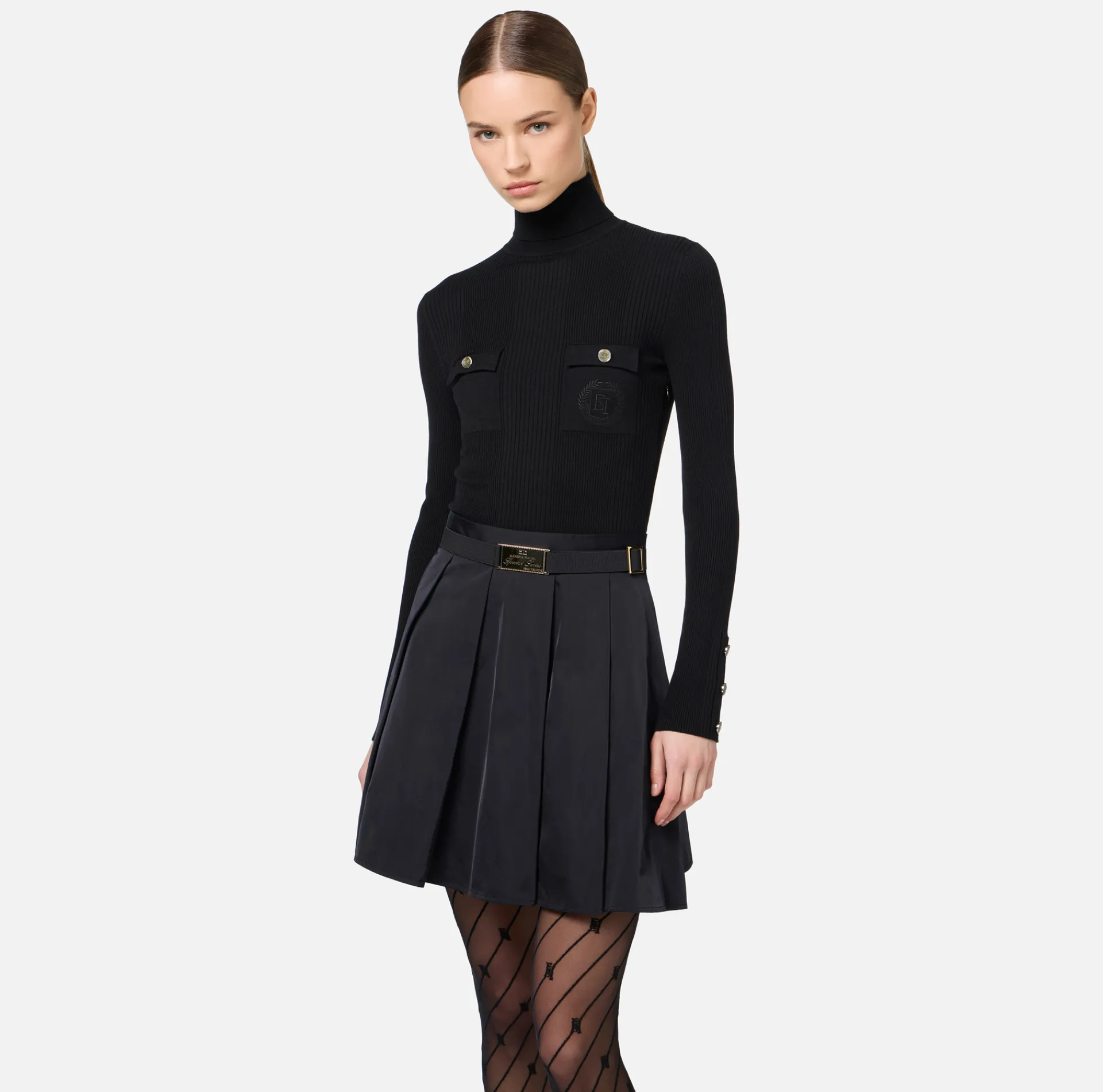 Elisabetta Franchi Mini Dresses|Knitted Dresses|Mini-dress in narrow-ribbed viscose and silk fabric with logo embroidery Black