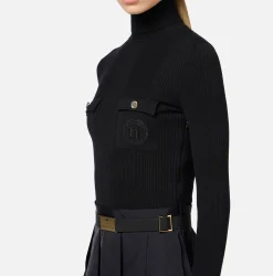 Elisabetta Franchi Mini Dresses|Knitted Dresses|Mini-dress in narrow-ribbed viscose and silk fabric with logo embroidery Black