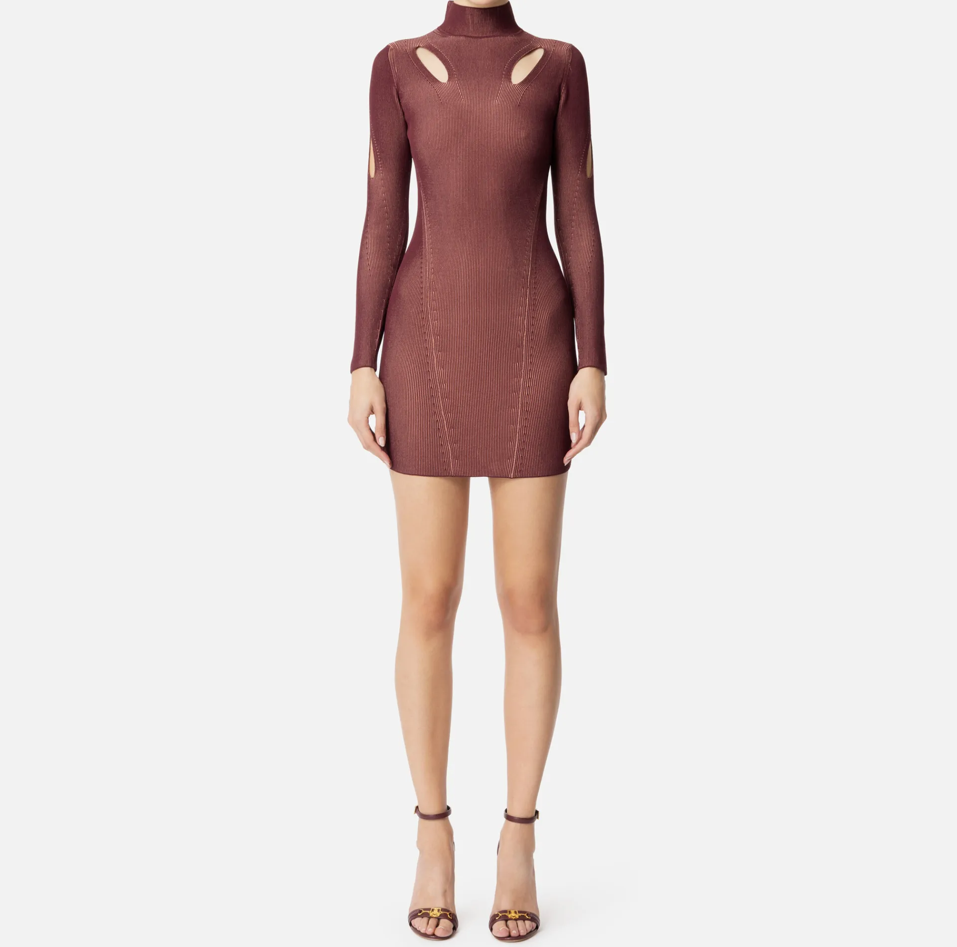Elisabetta Franchi Mini Dresses|Knitted Dresses|Mini-dress in ribbed viscose fabric with cut-out RougeNoir/Blush