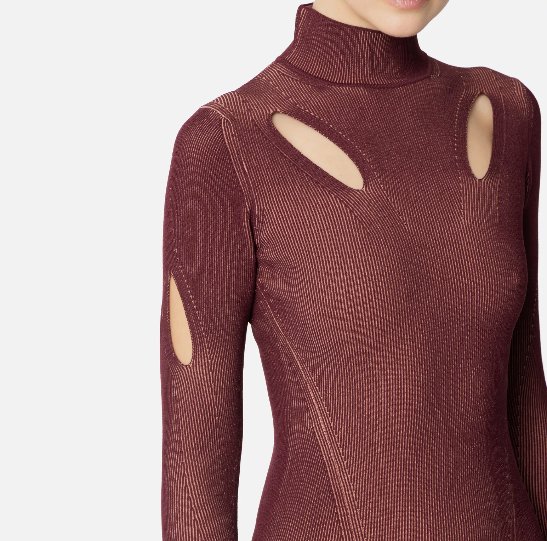 Elisabetta Franchi Mini Dresses|Knitted Dresses|Mini-dress in ribbed viscose fabric with cut-out RougeNoir/Blush