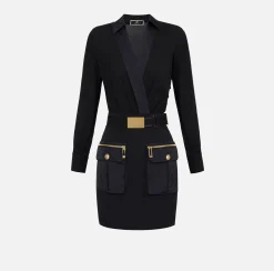 Elisabetta Franchi Mini Dresses|Dresses|Mini-dress with crossover shirt and skirt with pockets Black