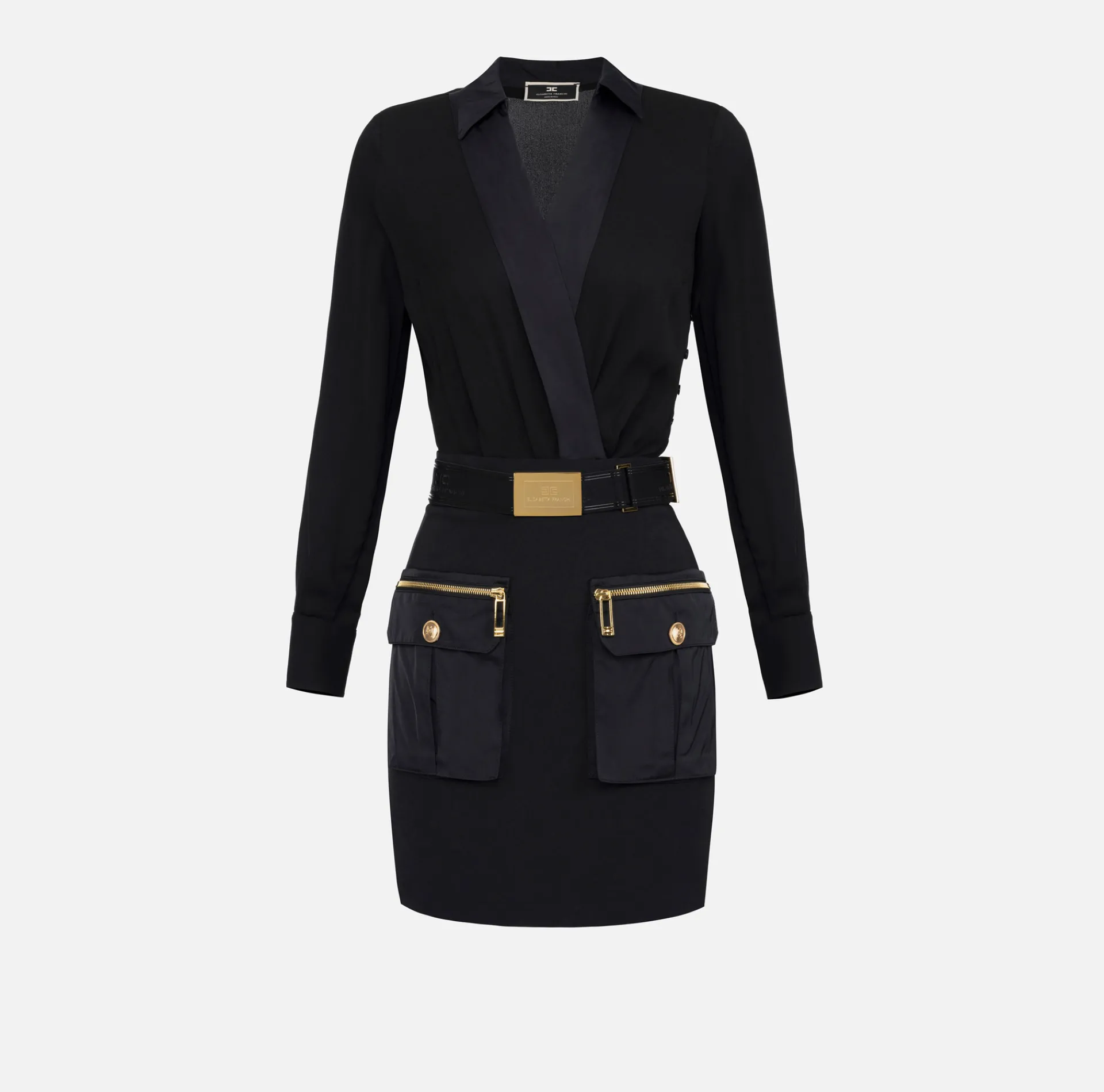 Elisabetta Franchi Mini Dresses|Dresses|Mini-dress with crossover shirt and skirt with pockets Black
