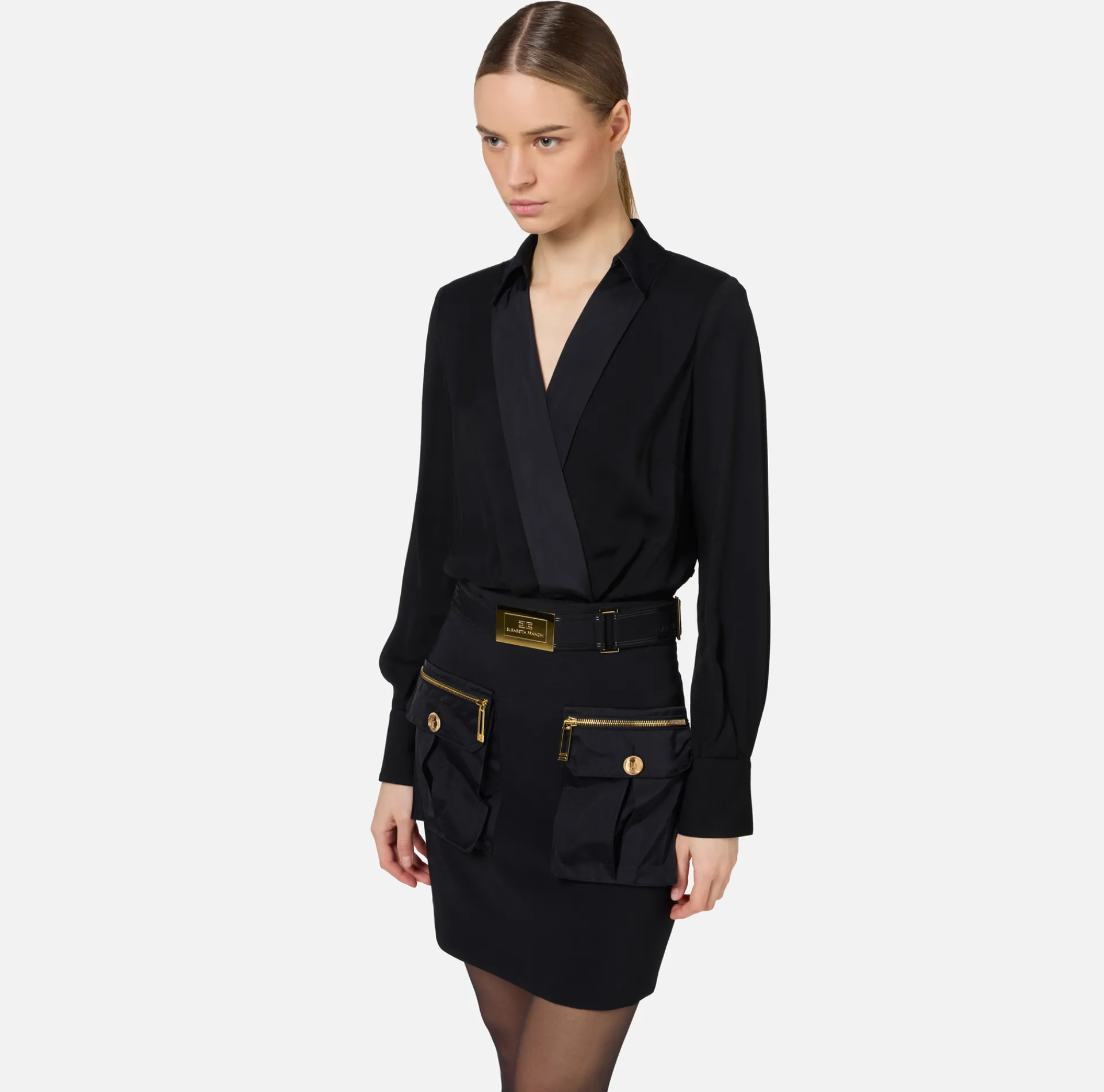 Elisabetta Franchi Mini Dresses|Dresses|Mini-dress with crossover shirt and skirt with pockets Black
