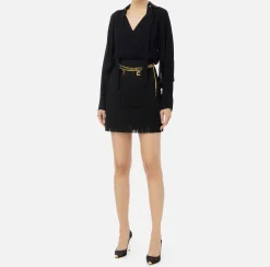 Elisabetta Franchi Mini Dresses|Dresses|Mini-dress with shirt with scarf and fringed skirt Black