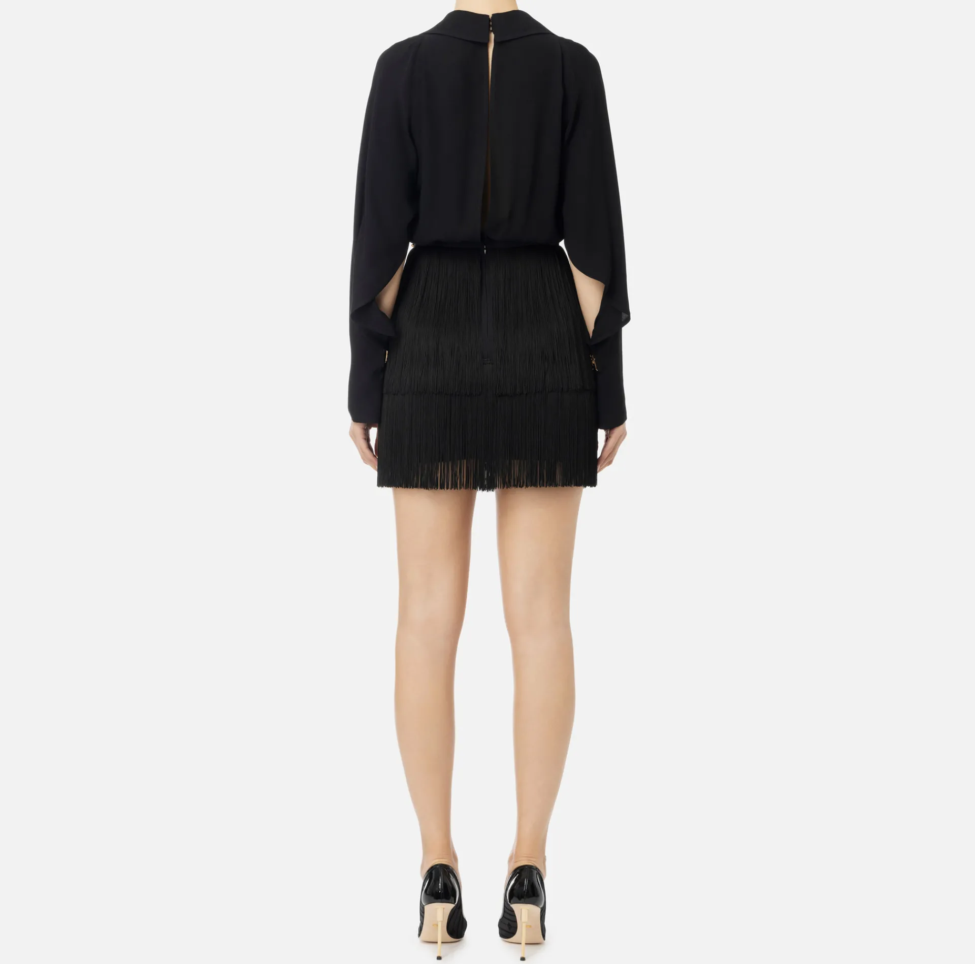 Elisabetta Franchi Mini Dresses|Dresses|Mini-dress with shirt with scarf and fringed skirt Black